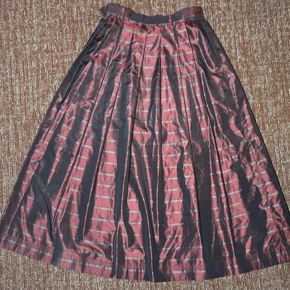 Vintage pleated burgundy & green 100% silk A-Line Skirt holiday tea length skirt